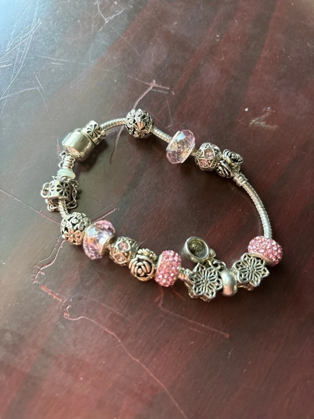 925 Sterling Silver Charm Bracelet with Pink Crystal and Floral Beads
